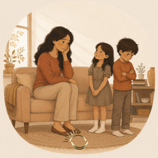 Mother comforting one child while the other child feels like the favorite child is getting more attention