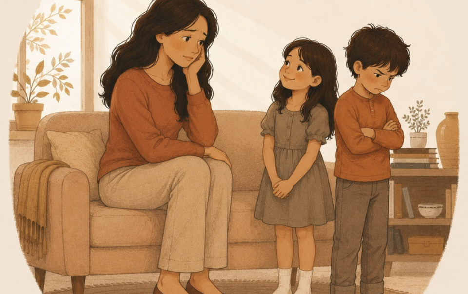 Mother comforting one child while the other child feels like the favorite child is getting more attention