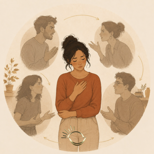 Two people in a recurring fight — one correcting, one withdrawing — illustration for breaking relationship patterns
