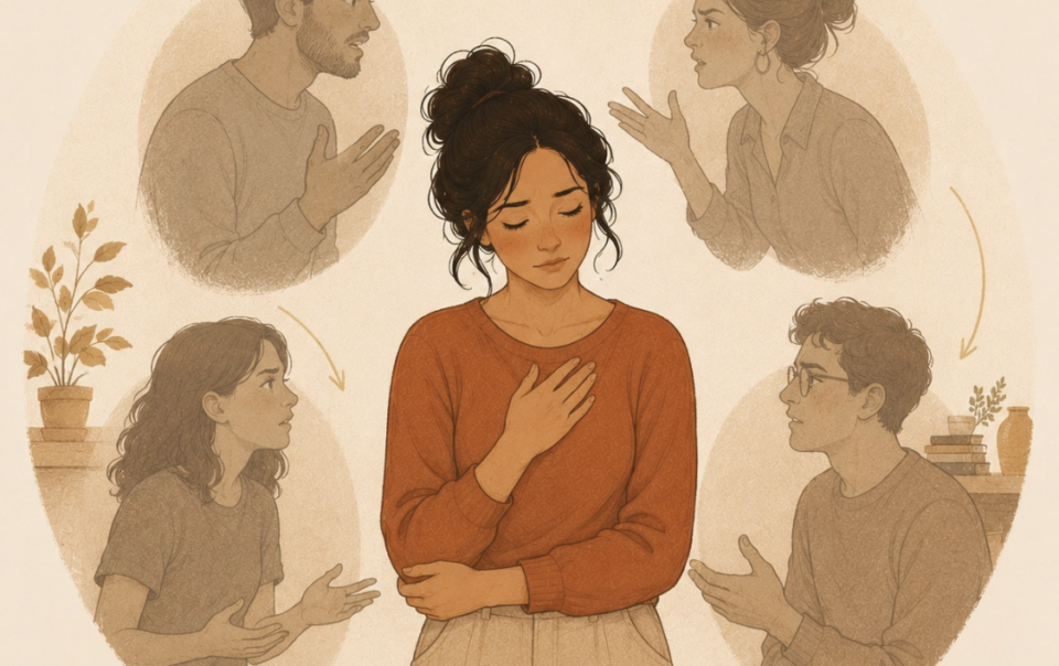 Two people in a recurring fight — one correcting, one withdrawing — illustration for breaking relationship patterns