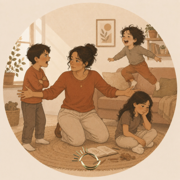 Parent kneeling with three children who each react differently, illustrating enneagram parenting mistakes