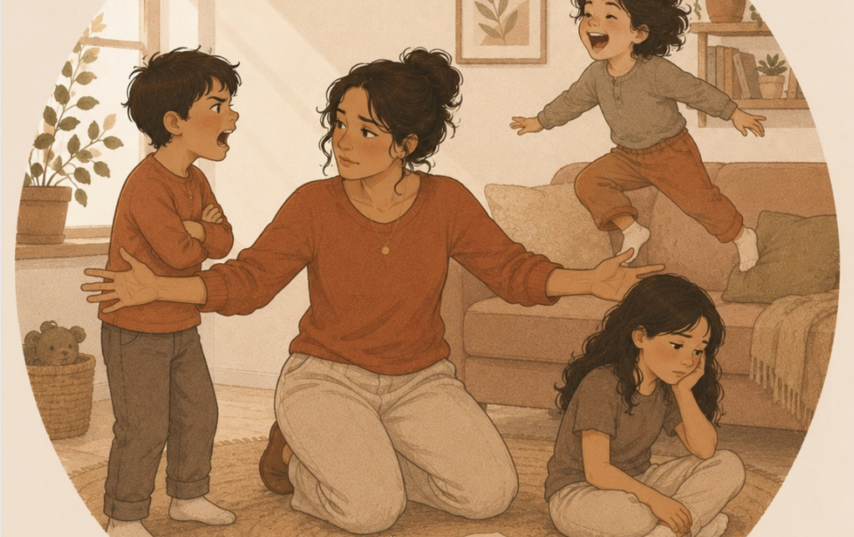 Parent kneeling with three children who each react differently, illustrating enneagram parenting mistakes
