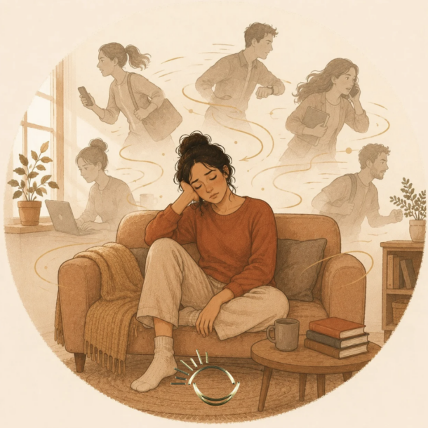 Woman drained on the sofa surrounded by other people's swirling energy, illustrating human design types