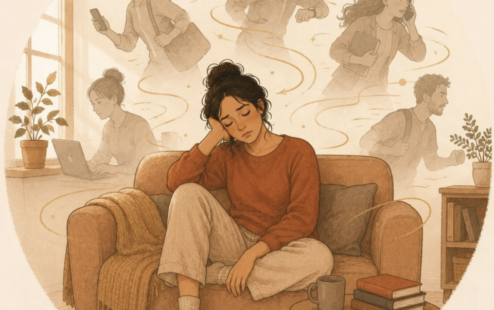 Woman drained on the sofa surrounded by other people's swirling energy, illustrating human design types