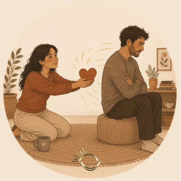 Woman offering warmth to a partner who pulls away with arms crossed, illustrating enneagram type 2 and 8