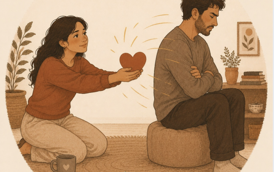 Woman offering warmth to a partner who pulls away with arms crossed, illustrating enneagram type 2 and 8