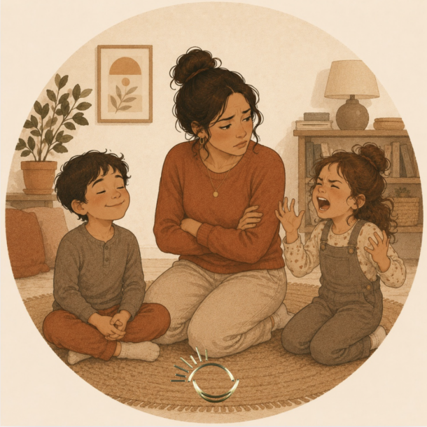 Mother overwhelmed between one calm child and one upset child, illustrating parenting a generator child