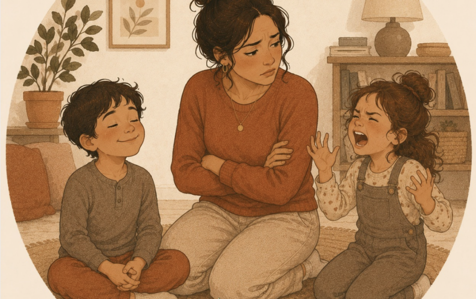Mother overwhelmed between one calm child and one upset child, illustrating parenting a generator child