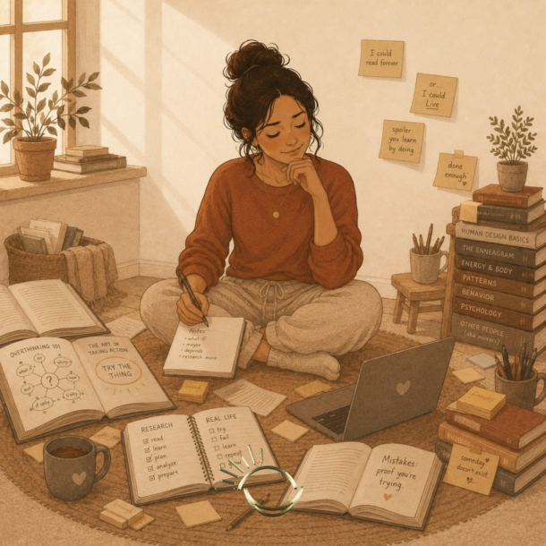 Woman surrounded by open books and research notes, illustrating human design profile 1/3