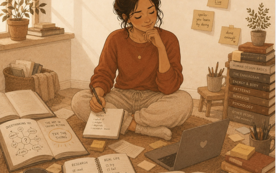 Woman surrounded by open books and research notes, illustrating human design profile 1/3