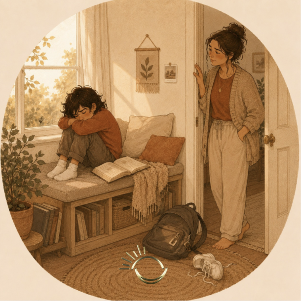Child curled up exhausted by the window while a parent watches gently from the doorway, illustrating parenting a projector child