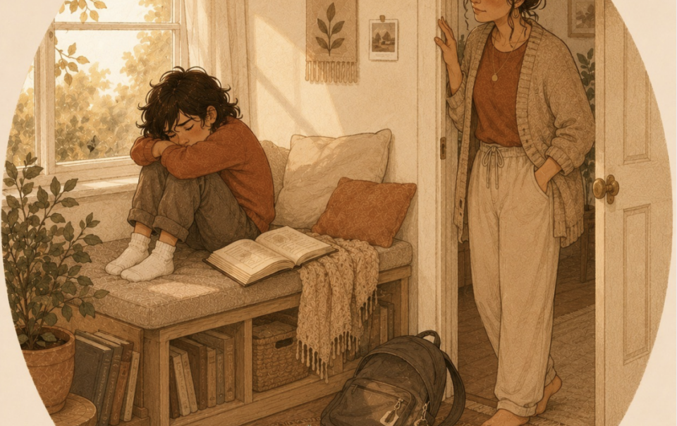 Child curled up exhausted by the window while a parent watches gently from the doorway, illustrating parenting a projector child