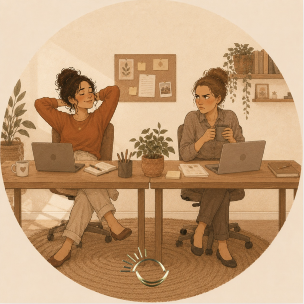 Two coworkers at a shared desk, one relaxed and one tense, illustrating enneagram at work