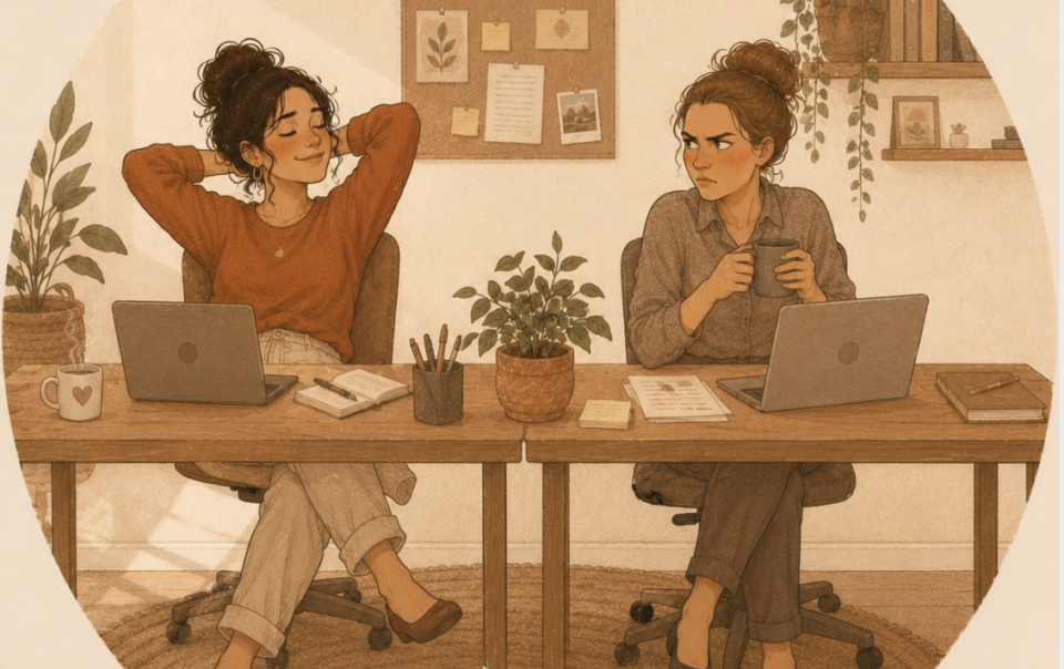 Two coworkers at a shared desk, one relaxed and one tense, illustrating enneagram at work