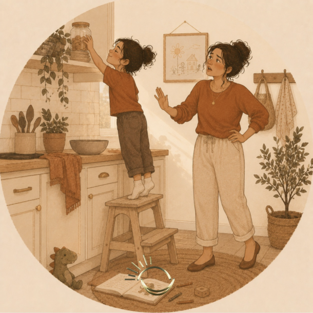 Determined child climbing on a stool to reach something on her own while a parent reacts, illustrating parenting a manifestor child