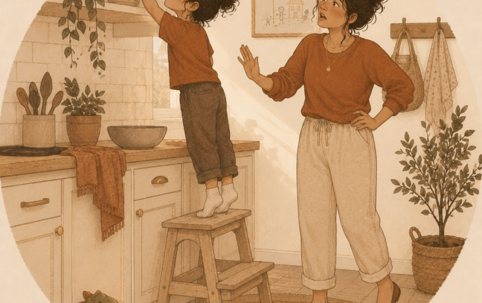 Determined child climbing on a stool to reach something on her own while a parent reacts, illustrating parenting a manifestor child