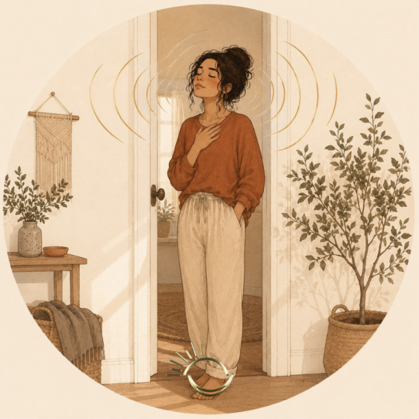 Woman standing still with eyes closed, sensing an instinctive gut response, sacral authority in human design