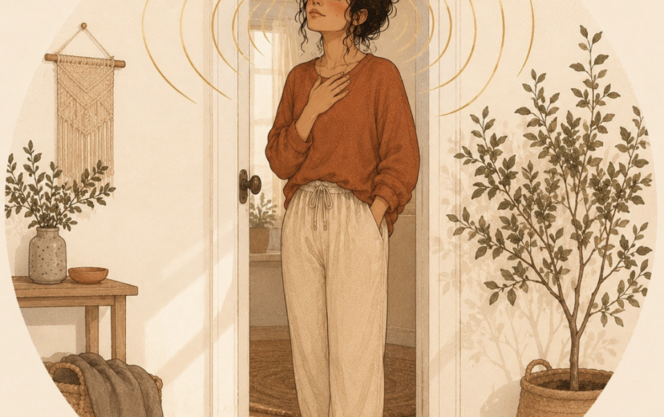 Woman standing still with eyes closed, sensing an instinctive gut response, sacral authority in human design