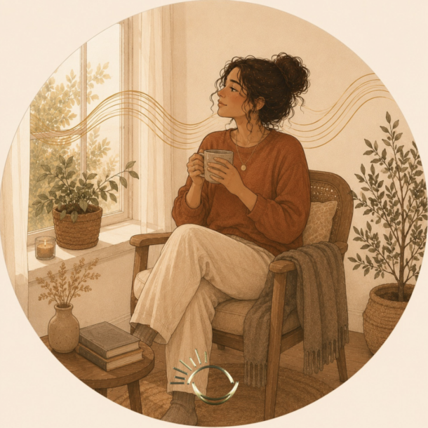 Woman calmly holding tea by the window, waiting for her own answer, illustrating emotional authority