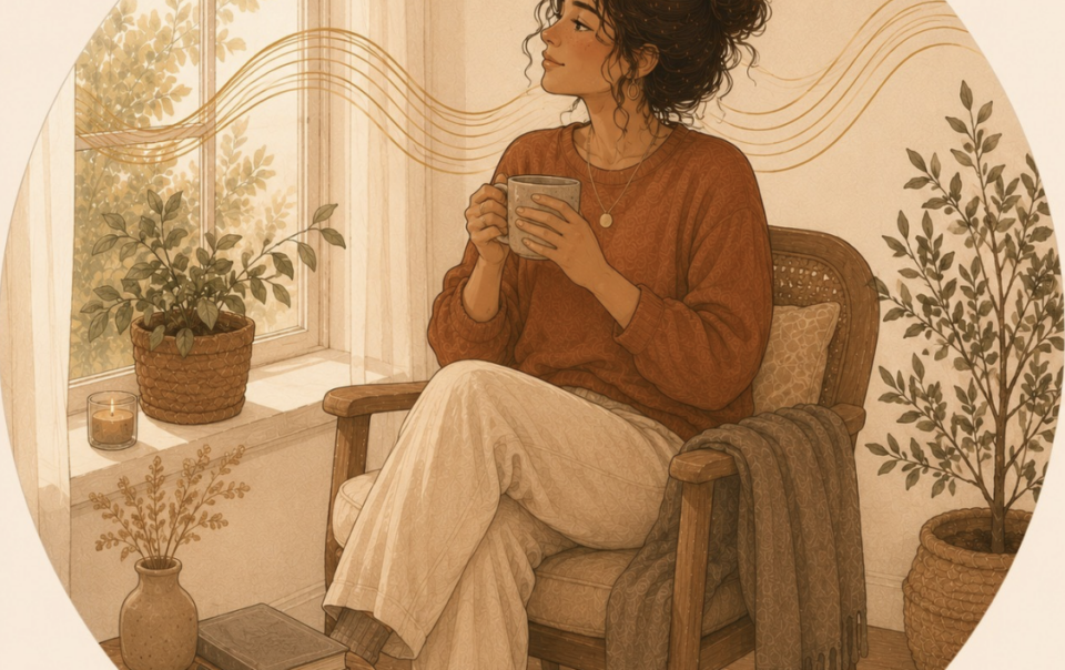 Woman calmly holding tea by the window, waiting for her own answer, illustrating emotional authority