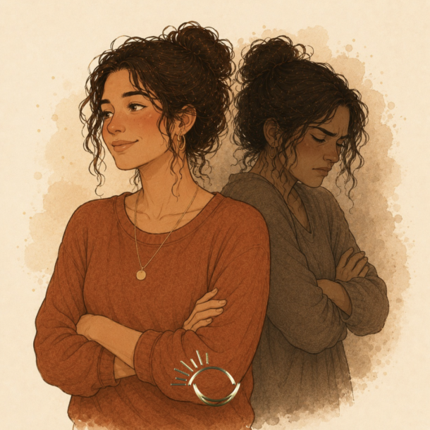 Woman smiling calmly with a tense, resentful version of herself hidden just behind her, illustrating enneagram type 1 and 9