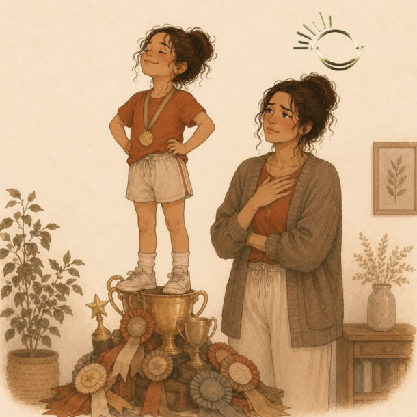 Child standing proudly on a pile of trophies while a parent watches with pride and quiet worry, illustrating enneagram type 3 child