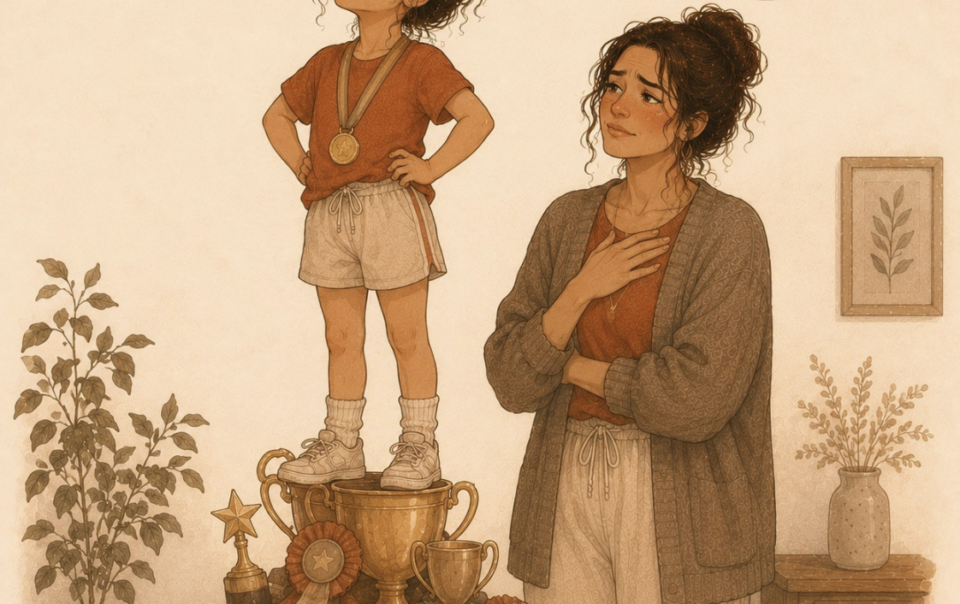 Child standing proudly on a pile of trophies while a parent watches with pride and quiet worry, illustrating enneagram type 3 child