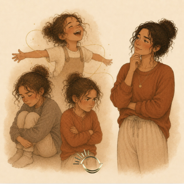 A child shown three ways, playful, quiet, and moody, with a parent watching curiously, illustrating parenting a reflector child