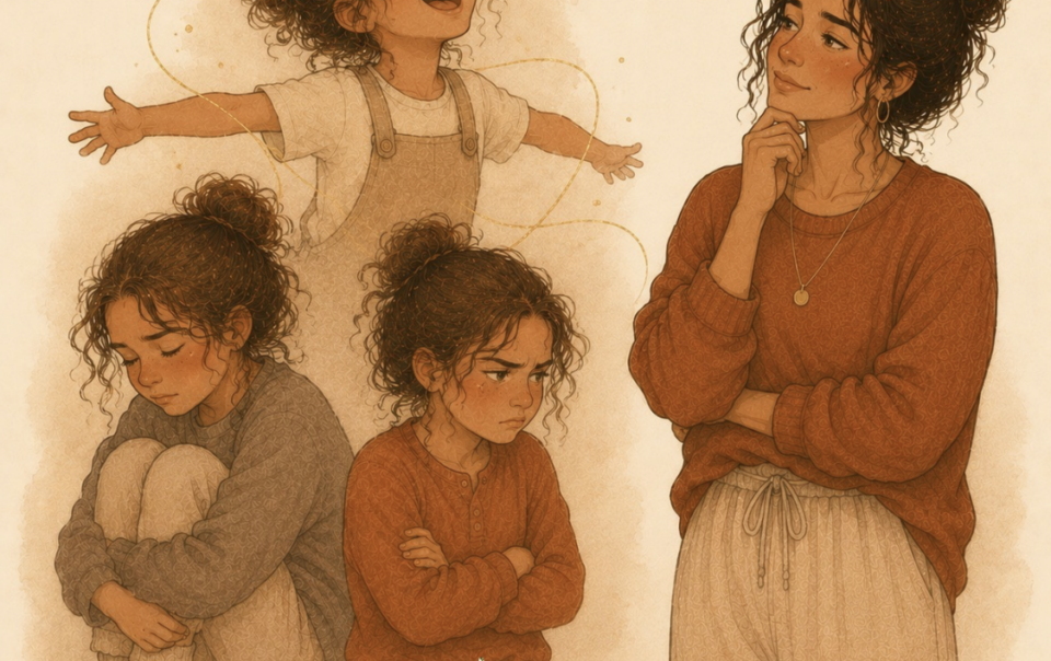 A child shown three ways, playful, quiet, and moody, with a parent watching curiously, illustrating parenting a reflector child