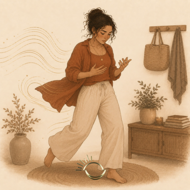Woman mid-motion pausing to notice her own body and hands, illustrating enneagram and human design