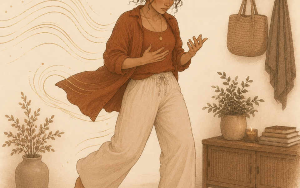 Woman mid-motion pausing to notice her own body and hands, illustrating enneagram and human design