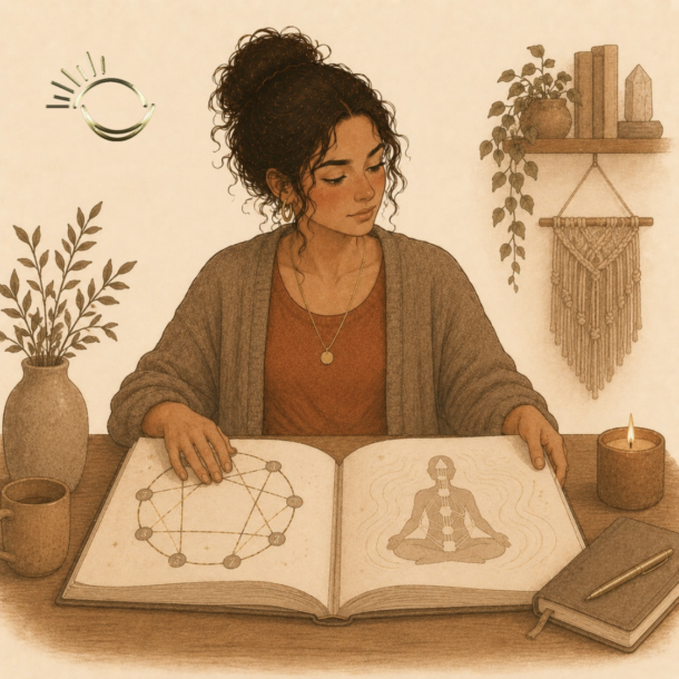 Woman connecting a personality wheel diagram with a body energy chart in an open book, illustrating enneagram and human design together