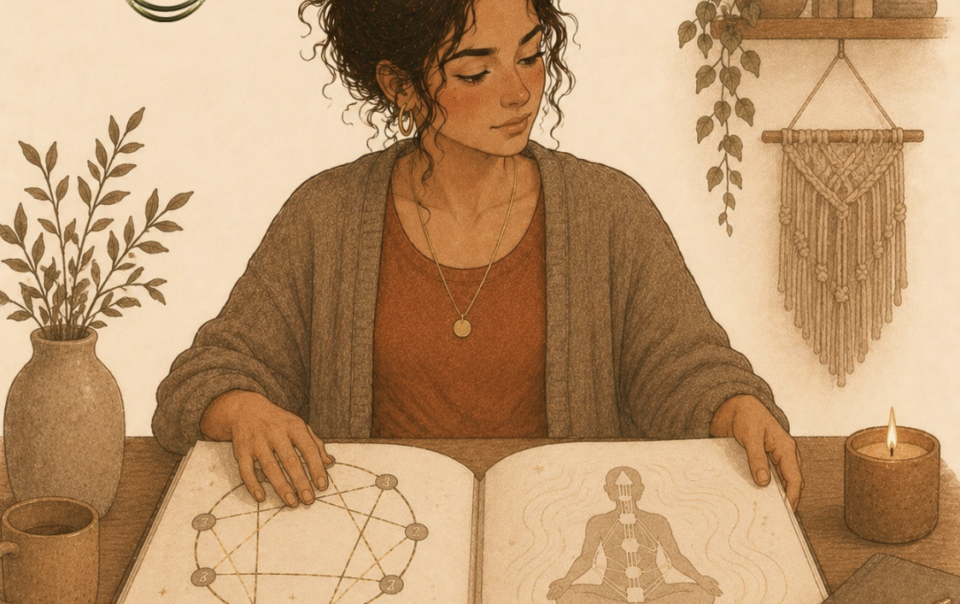 Woman connecting a personality wheel diagram with a body energy chart in an open book, illustrating enneagram and human design together